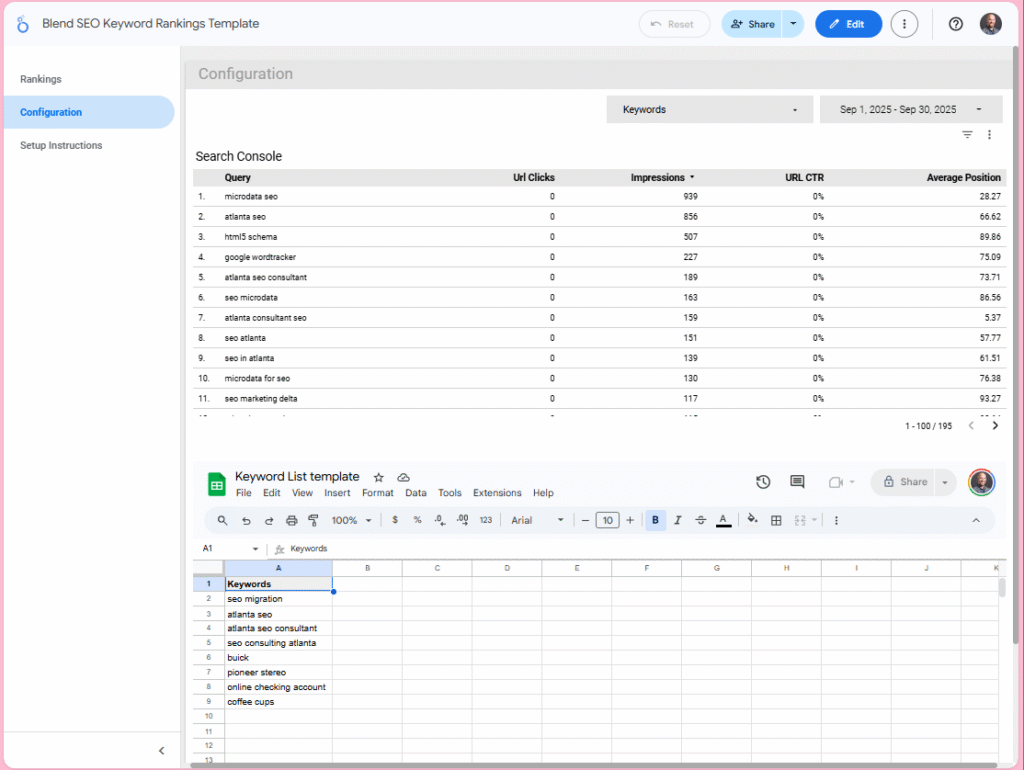 Configuration: Page 2 of the rank tracking dashboard shows two reports. The top report offers keyword inspiration from Google Search Console Data where you can view queries driving impressions and clicks. The bottom report is your keyword spreadsheet embedded here for your convenience. You can edit your keyword list here and refresh your keywords on the page 1 tracking report.
